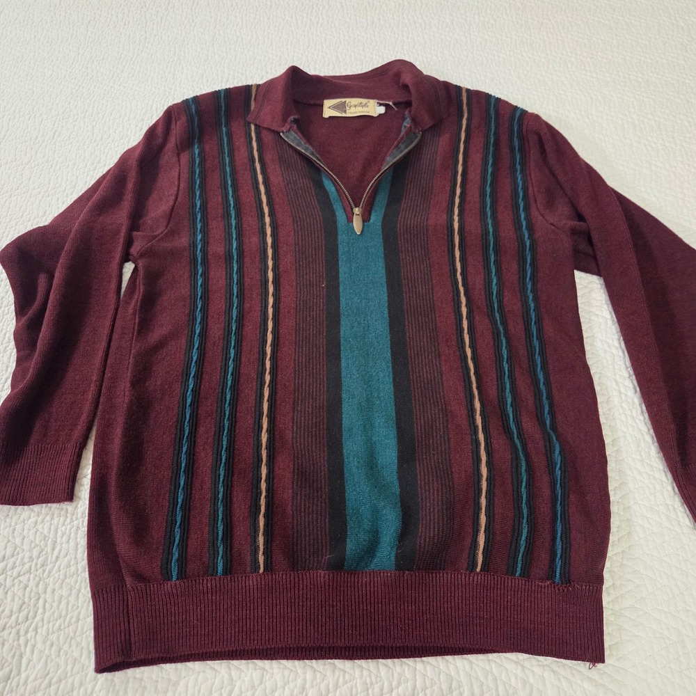 Gaystyle Italian Fashion Vintage Mens Quarter Zip Striped Knit Sweater Burgundy